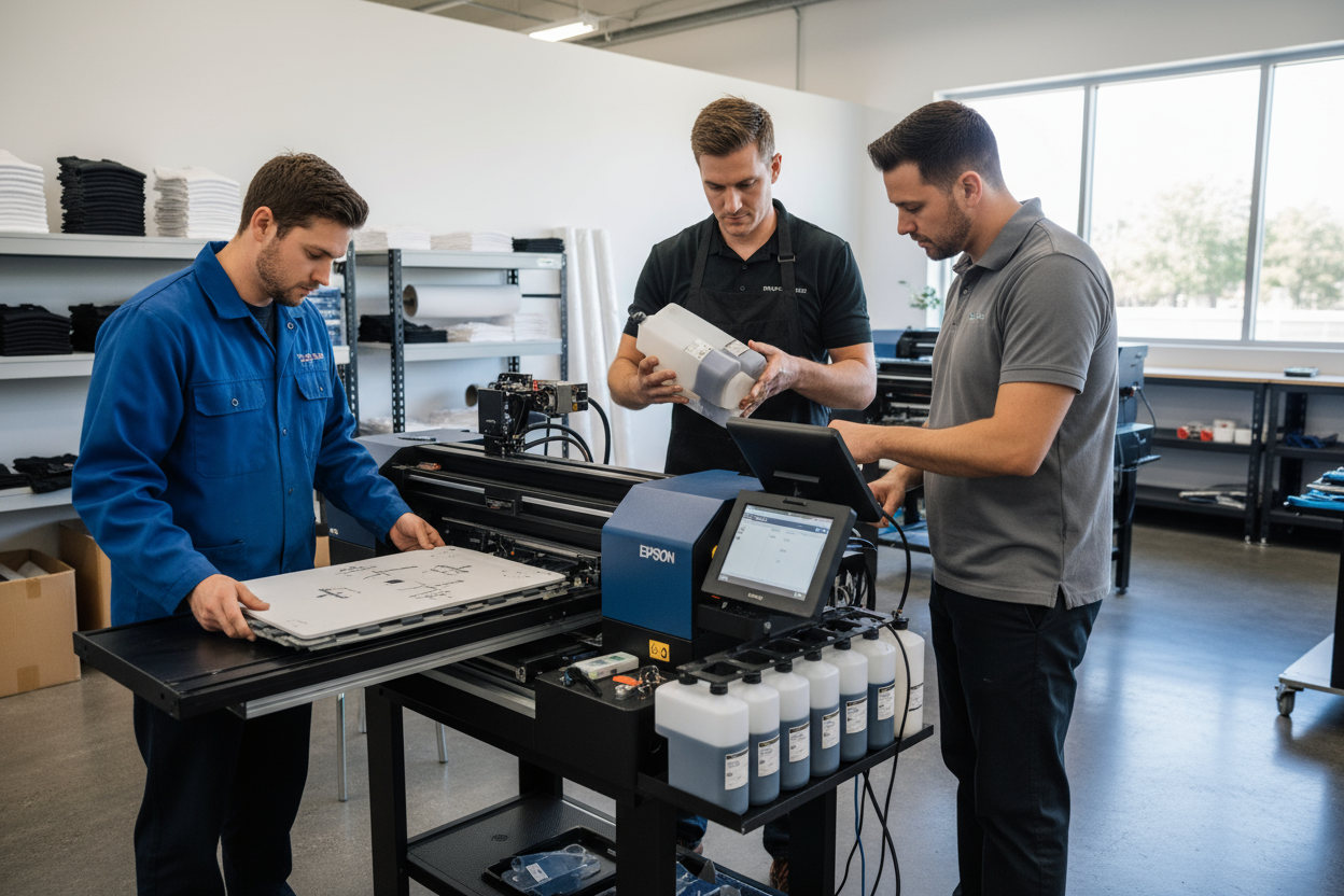 Drie mannen met Epson printer voor t-shirt bedrukking